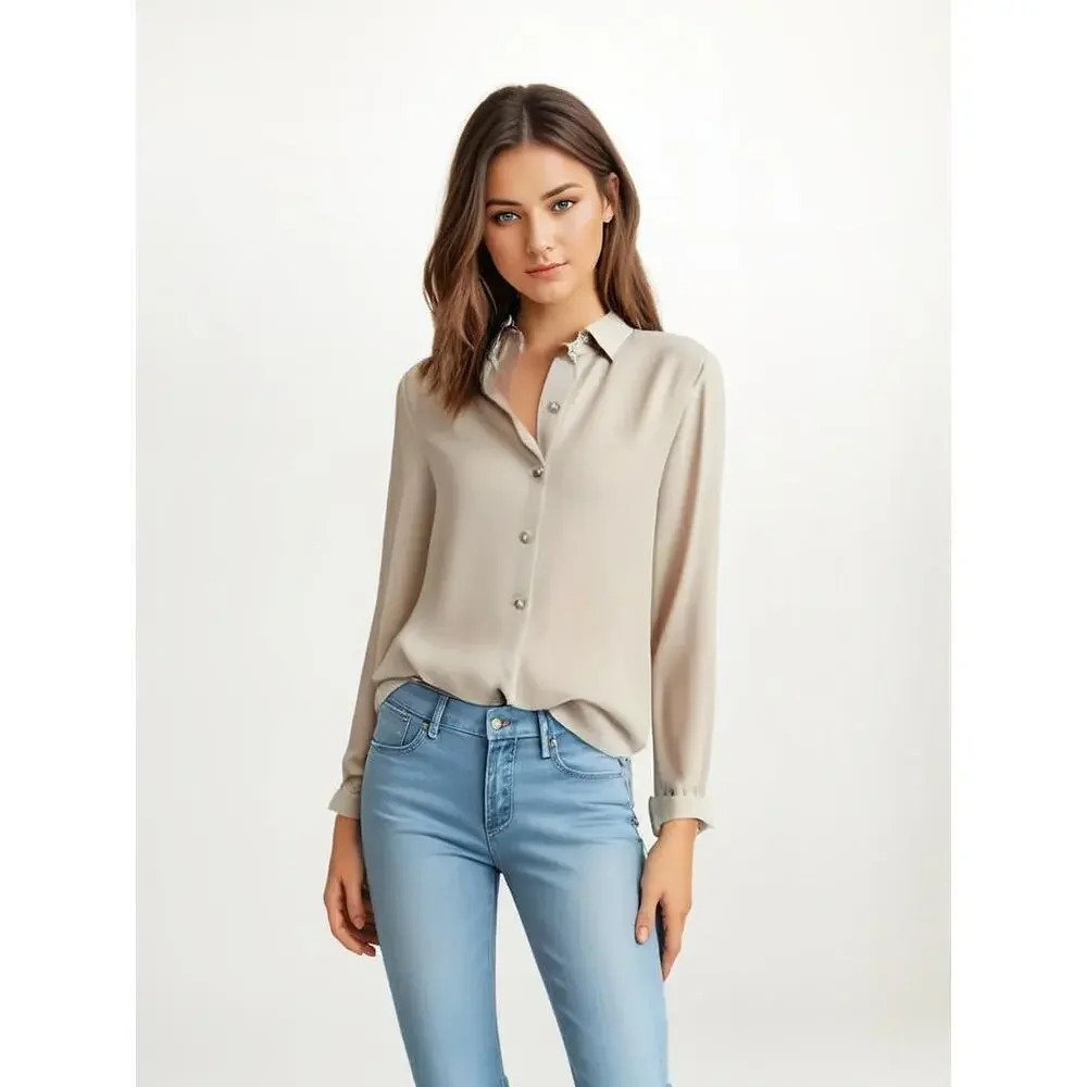 Vintage Chester Weinberg Women's 14 Beige Silk Button-Up Long‎ Sleeve Blouse